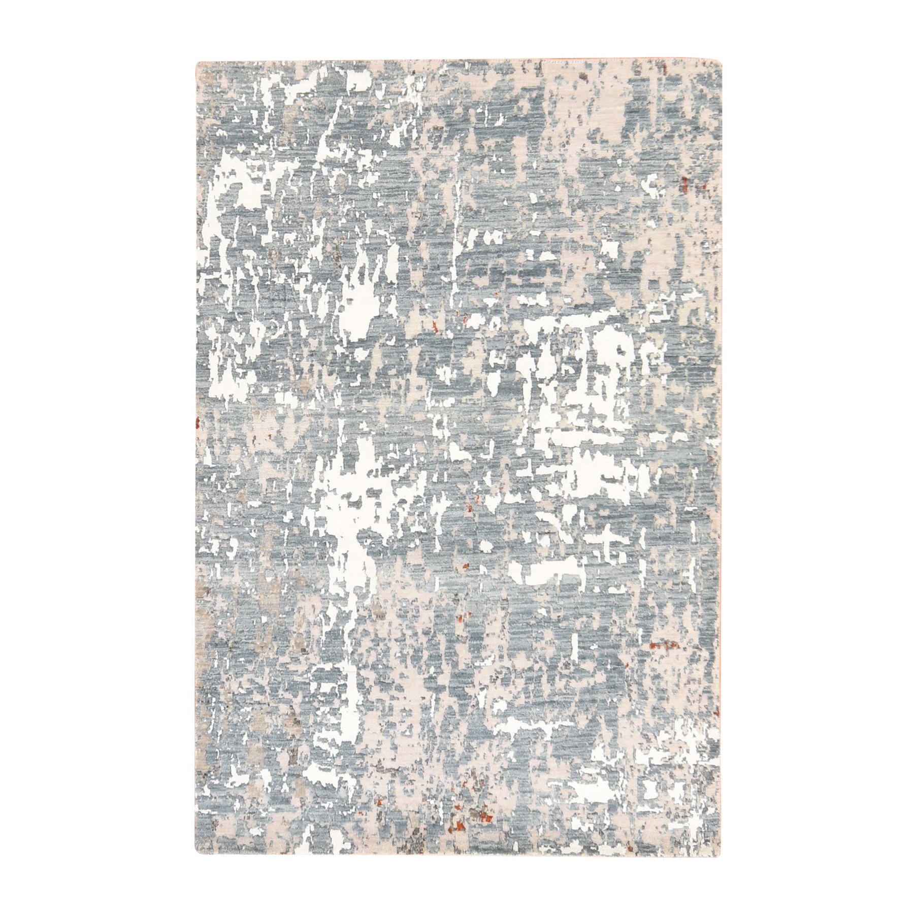 4'x6' Pastel Gray, Abstract Design, Hand Knotted, Wool and Silk, Hi-Low Pile, Denser Weave, Oriental Rug 